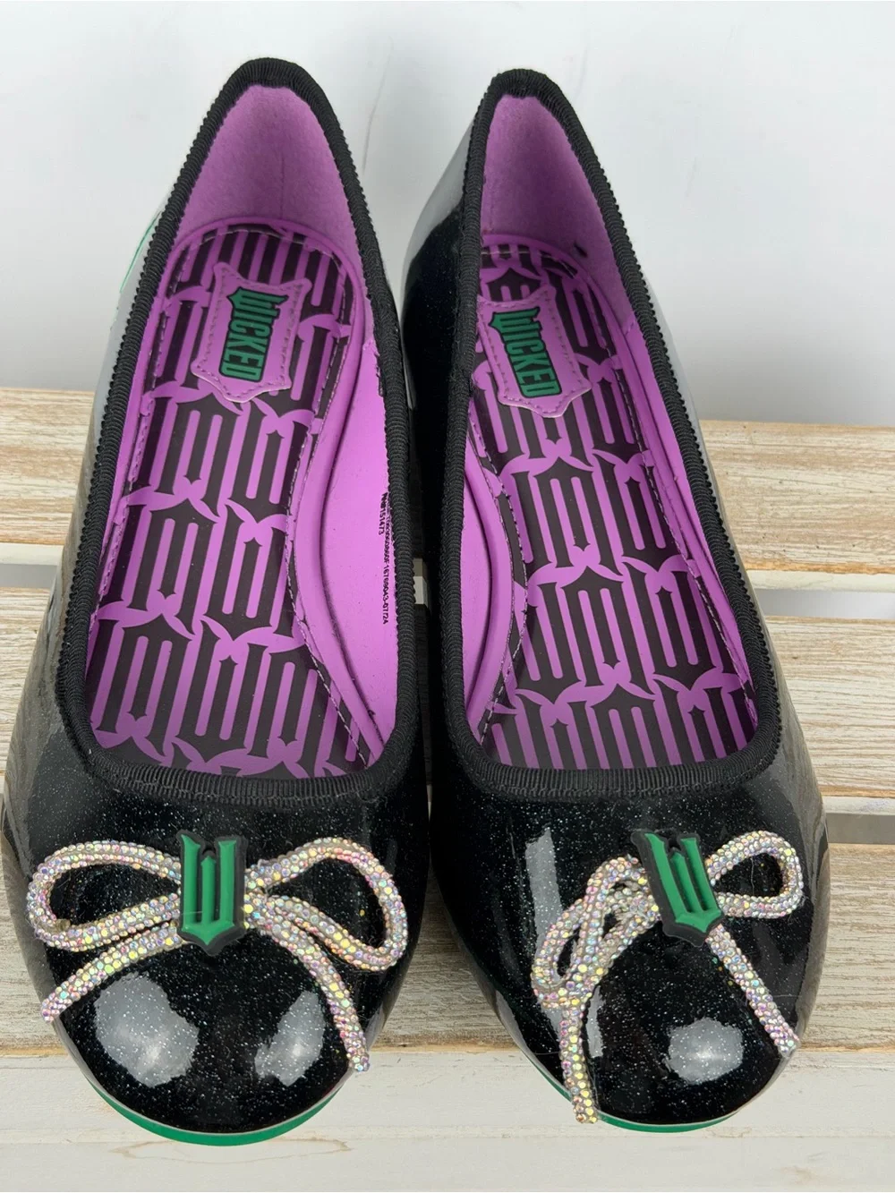 Wicked black glitter ballet flats green flying monkey graphics Size 3